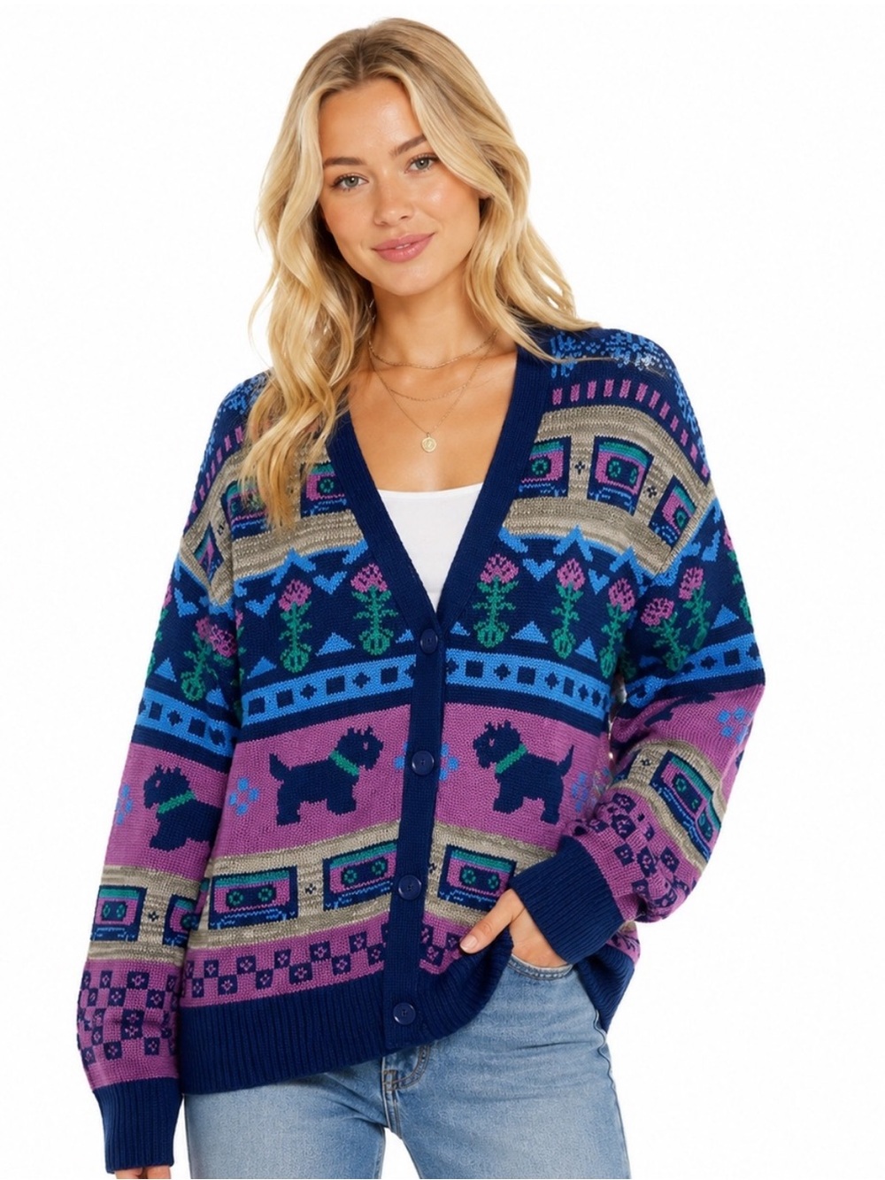 Vintage-style patterned Cardigan Sweater Blue & Purple, Stranger Things (medium)